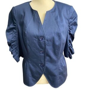Ashton Navy Blue Ruched Sleeve Blazer Size 10 Lined Feminine Cut Career Business